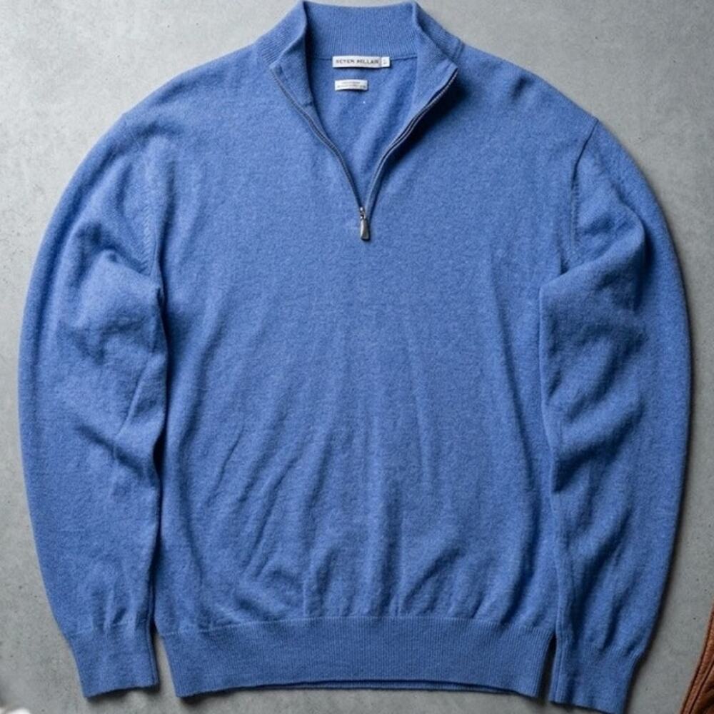 Peter Millar Men Large Luxury Blend Cotton Cashmere Quarter Zip Pullover Blue